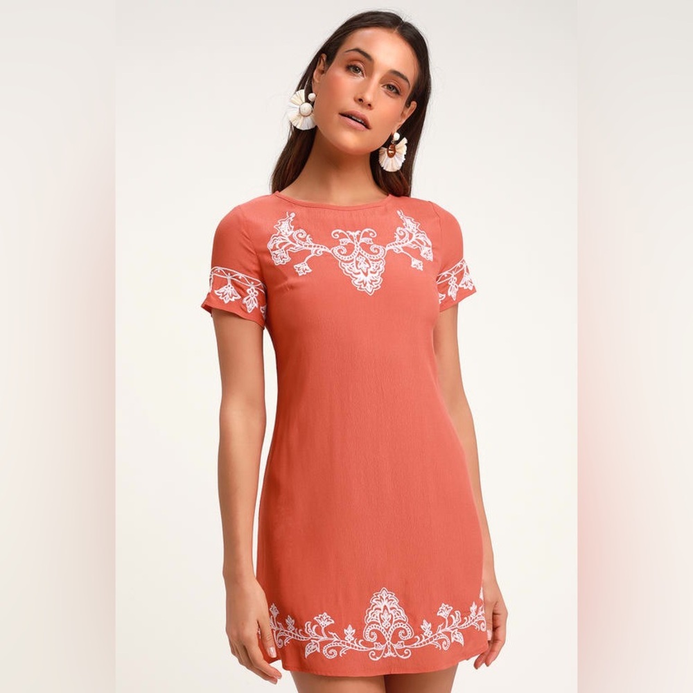 Tale To Tell White and Orange Embroidered Shift Dress
Lulus